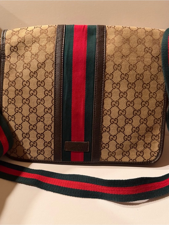 Gucci Other - Gucci like Beige GG Canvas Messenger Bag with Red & Green Stripe